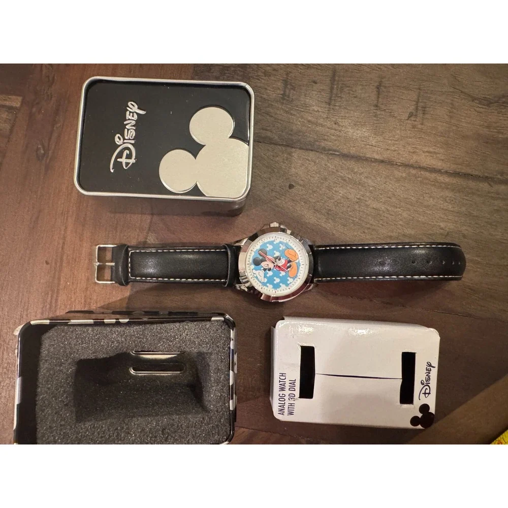Disney Mickey Mouse Analog‎ Watch 3D Dial Black Leather Band in Tin Box
